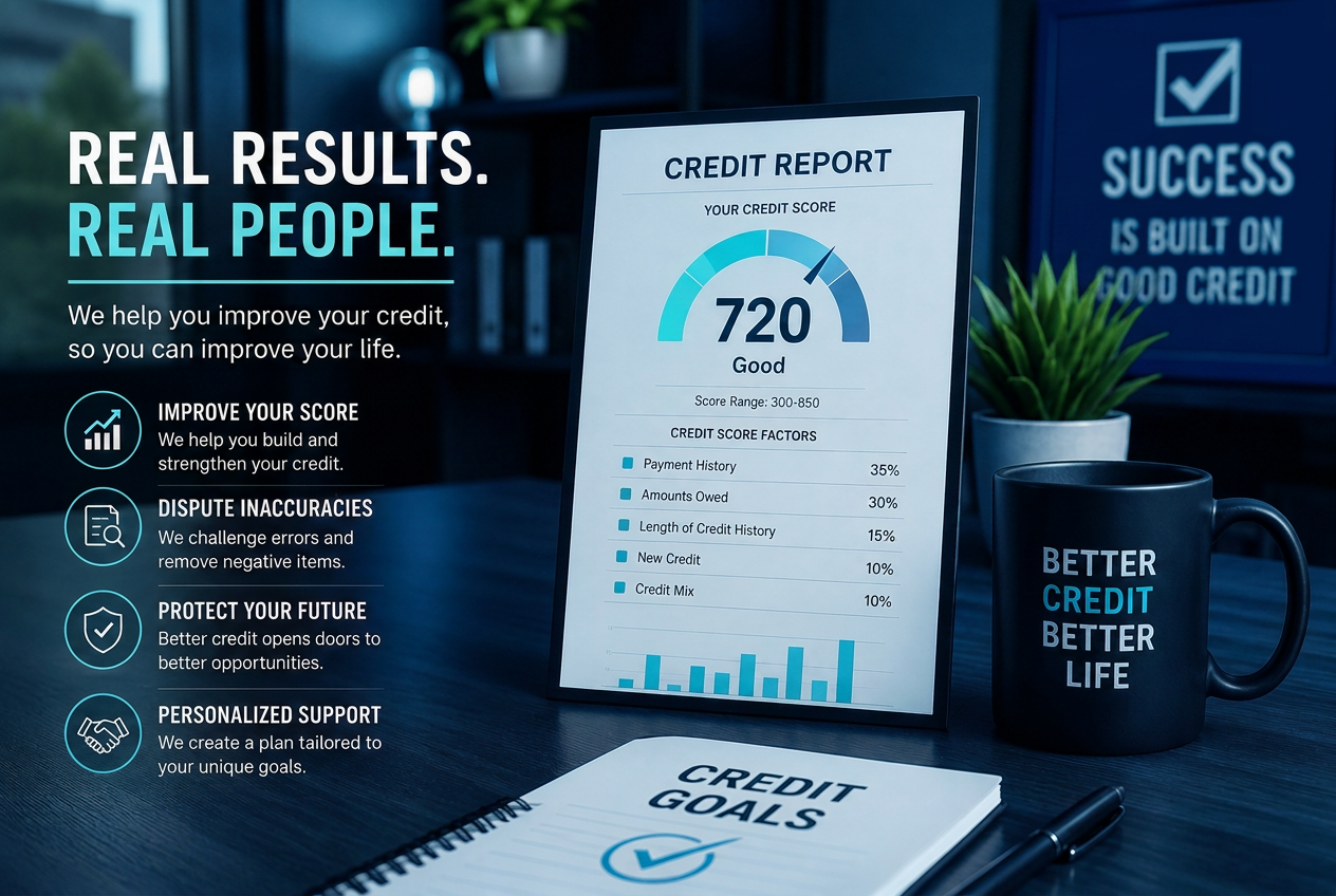 Real results, real people — credit report showing a 720 score, better credit goals, and better life messaging