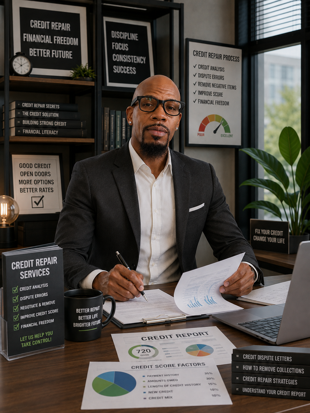 A professional credit consultant reviewing credit documents at a desk
